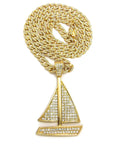 Gold Tone Sailing Yacht Pendant On 10mm Cuban Chain Necklace, 30 Inch Iced Out Bling Jewelry For Men, Ocean Yacht Pendant For Fashionable Nautical Style