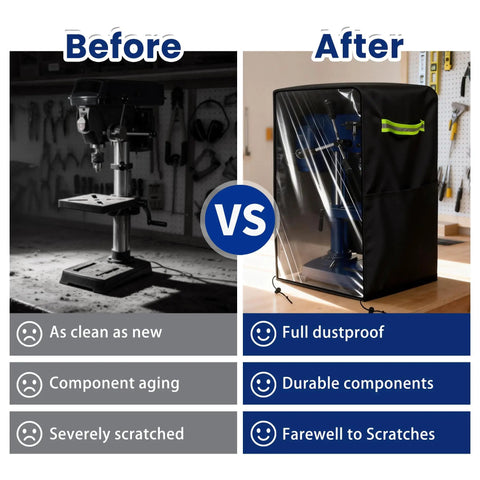 Tough As Nails Heavy Duty Waterproof Cover Slick Fit Dust Shield for 10 Inch Mini Benchtop Drill Press before and after protection.