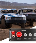 5 In 1 Rocker Switch Panel With Engine Start Button And Relay Harness shown with race trucks background