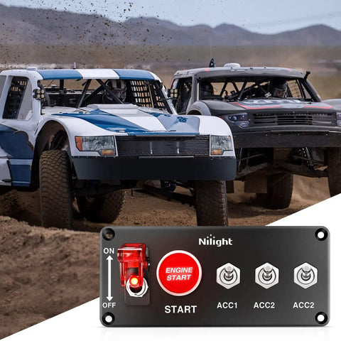 5 In 1 Rocker Switch Panel With Engine Start Button And Relay Harness shown with race trucks background