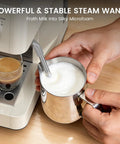 Top Shelf Espresso Machine With Built In Burr Grinder And 20 Bar Pump for killer coffee shots; hand frothing milk with steam wand.