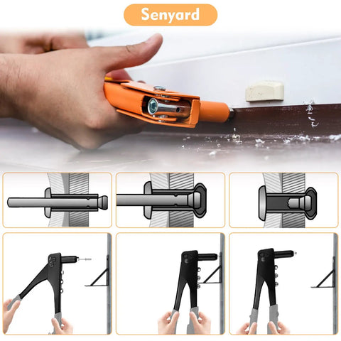 Using Aluminum Pop Rivets Kit With 525 Pcs Assorted Blind Rivets Set to join metal sheet, illustrations of rivet installation process.