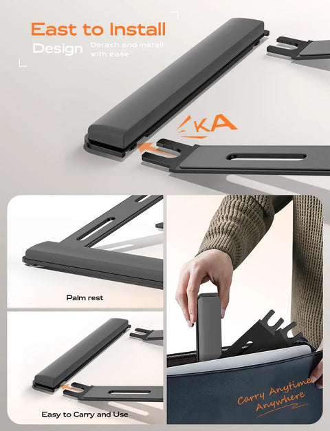 Ergonomic Metal Laptop Stand With Wrist Support And Detachable Riser For A Dope Desk Setup That Elevates Your Screen To Eye Level Fits 10 To 17 Inch Laptops Like MacBook Air Pro Dell XPS HP And More Sturdy Black, showing detachable design and palm rest in detail.