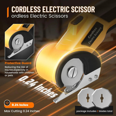 Electric Scissors With Led Light High Efficiency Brushless Motor 2000 Mah Battery Tungsten Steel Blade Cordless Power Cutter For Cardboard Carpet Cloth And Wire Rope Cutting Tool Yellow showing protective guard and blade detail.