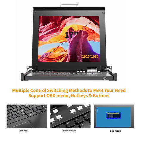 1U Rack Mount KVM Console With 17 Inch LCD Monitor showing 1920x1080 resolution, keyboard, and control buttons for IT management.