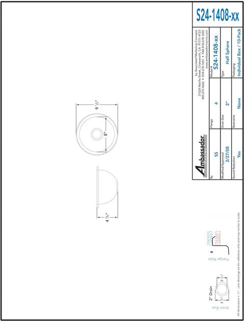 Technical drawing of Half Sphere Stainless Steel Sink With Brushed Finish, 9.5 Inch Wide, 4.75 Inch Deep, Marine Grade Galley Sink For Boats Or RVs.
