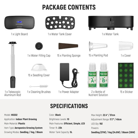 All In One Aeroponics Growing System Kit With Atomization Tech Led Grow Light Three Modes Fifteen Seed Pods Timed LCD Indoor Garden For Vegetables And Herbs HGS02 package contents and specifications