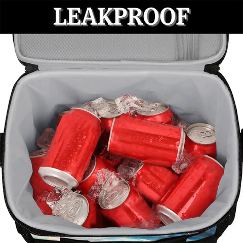 Insulated Picnic Backpack Lunch Bag for Women and Men, open view with red cans and ice showing leakproof feature, roomy interior.