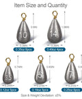 26 Piece Fishing Weights Sinkers Kit With Drop Shot Weights Lead Sinkers For Saltwater And Freshwater Catfish Weights Sinker Assortment In Portable Tackle Box For Bass And More, showing 5 lead sinkers sizes with measurements.