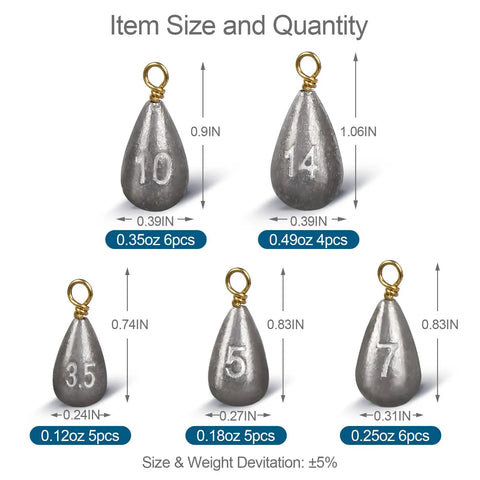 26 Piece Fishing Weights Sinkers Kit With Drop Shot Weights Lead Sinkers For Saltwater And Freshwater Catfish Weights Sinker Assortment In Portable Tackle Box For Bass And More, showing 5 lead sinkers sizes with measurements.