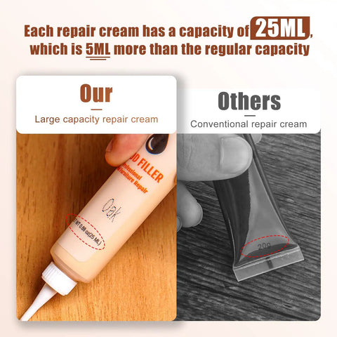 Hella Effective 41 Piece Wood Furniture Repair Kit And Laminate Floor Scratch Fix Set featuring 25ml wood filler and comparison with 20g cream.