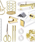 Gold Office Desk Kit 13 in 1 with stapler, tape dispenser, pen holder, scissors, and more, including phone stand, ruler, and clips.