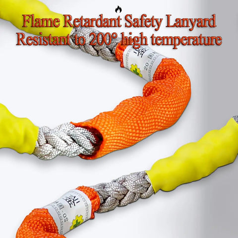 Flame retardant lanyard from Rock Solid Safety Fall Protection Kit With 500kg Load Capacity, braided steel cable and nylon cover.
