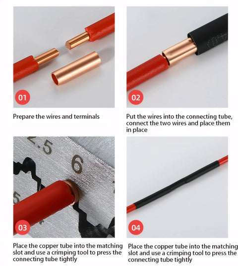 Steps for using 250 Pcs Wire Terminal Connectors Kit With 7 Sizes Electrical Butt Connectors Copper Tube Connectors