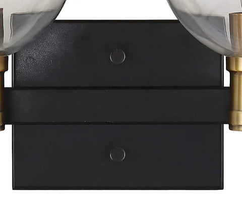 Close-up of black mounting plate of 21.5 Inch Black And Brass Gold Vintage Wall Sconce With Clear Glass Globe Shade Sleek Industrial Arched LED Vanity Light