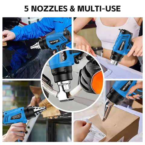 Cordless 20V Heat Gun Kit with Dual 4.0Ah Batteries showcased with 5 nozzles for multi-use, portable and versatile for crafts.