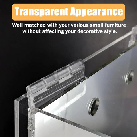 Zero Hassle Clear Acrylic Hinges For Plexiglass And Glass Panels, 12 Pack Adhesive Pro Cabinet Hardware, 25Mm X 33Mm visible on a clear panel.