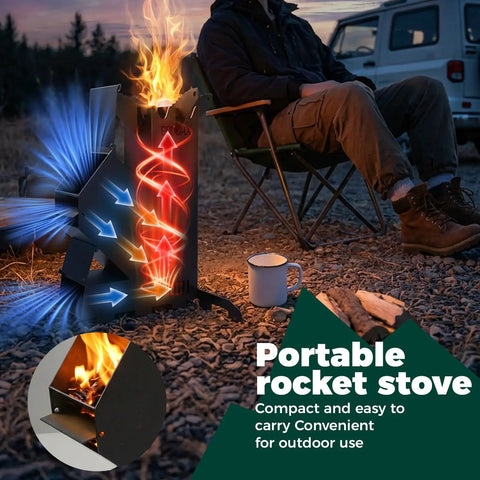 Portable wood burning camp stove with high efficiency rocket style flame for camping backyard cookouts and outdoor events
