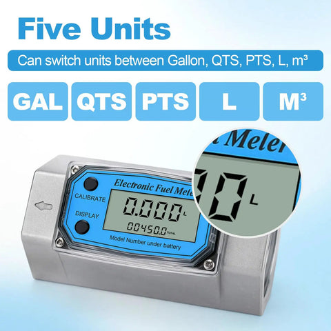 2 Inch Digital Turbine Flow Meter With LCD Display showing five units for diesel, gasoline, and water with NPT thread, 15.8-132 GPM.