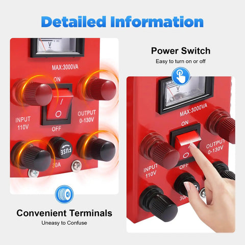 Close-up of the Beefy 3000W Variac Transformer With 0 To 130V Output 3000VA Metered Voltage Regulator showing control knobs and power switch.