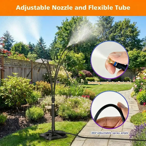 Outdoor Standing Mister For Patio Cooling, 26.2 Ft Portable Misting Station with flexible tube and adjustable nozzle in garden