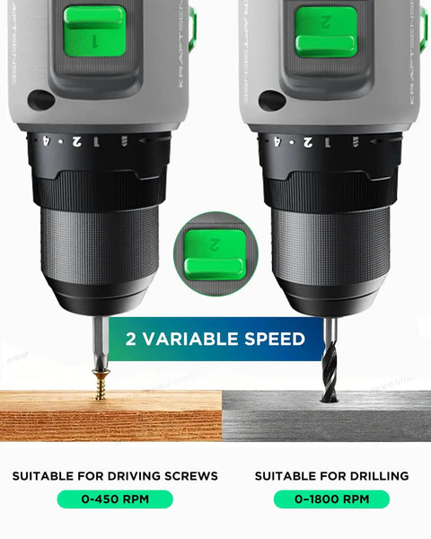 Variable speed feature of the Badass 20V Brushless Cordless Drill Driver Set With 443 Inch Pounds Torque for DIY tasks.