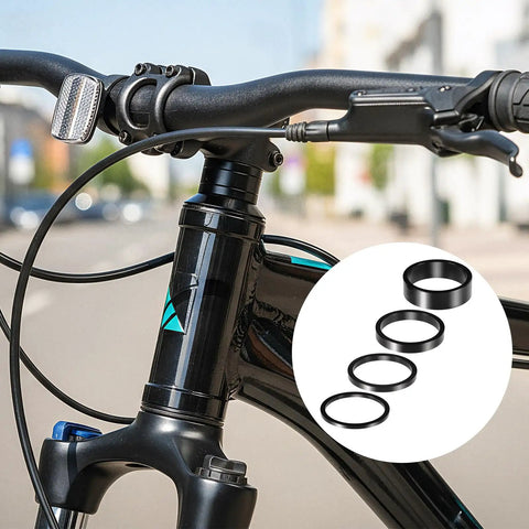 Dope 12 Piece Aluminum Bicycle Headset Spacers Set For Mountain And Road Bikes displayed on a bike stem with spacer sizes shown