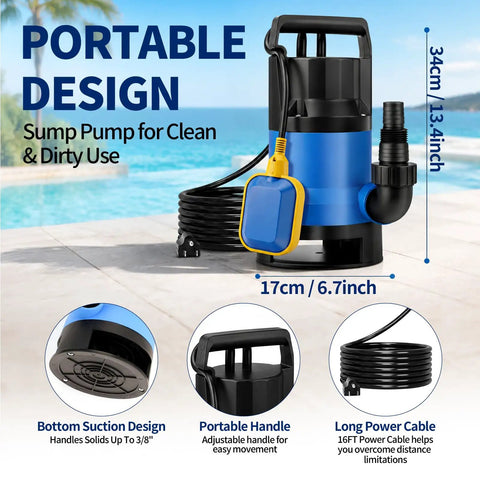 1.1Hp Submersible Sump Pump Handles Crunch Time With Ease Pushing 4600 GPH Through IPX8 Waterproof Gear shown with handle and cord.