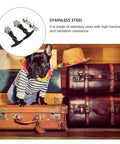 Beefy Heavy Duty Stainless Steel T Handle Draw Latches Two Pack in circular highlight above stacked luggage with dog