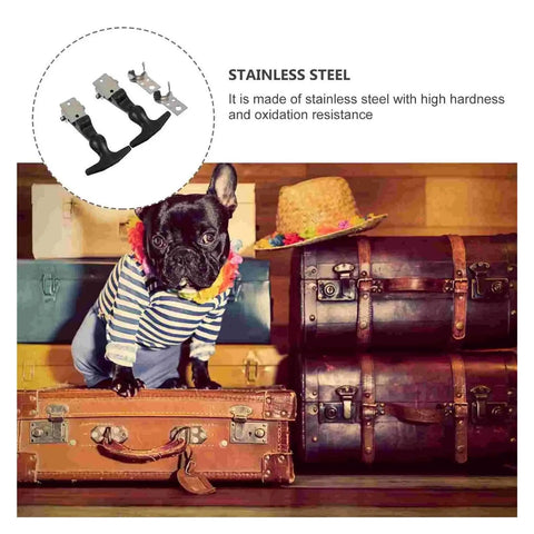Beefy Heavy Duty Stainless Steel T Handle Draw Latches Two Pack in circular highlight above stacked luggage with dog