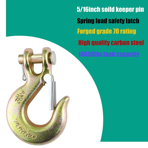 Top Shelf Grade 70 Clevis Slip Hooks With Safety Latch 5/16 Inch Heavy Duty Towing Gear showing a detailed forged steel hook.