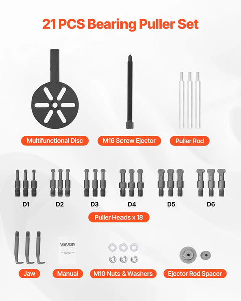 Components of the Beefy 21 In 1 Bearing Puller Set With Heavy Duty 3 Jaw Hooks For Internal And External Bearings And Bearings Without Inner Shaft, Pro Grade Bearing Removal Tool With Portable Storage Case displayed.