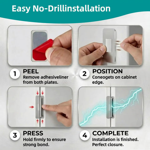 Four steps showing installation of Eight Pack Ultra Thin Magnetic Cabinet Door Catches With Adhesive Mount No Drill Stainless Steel Drawer Latch