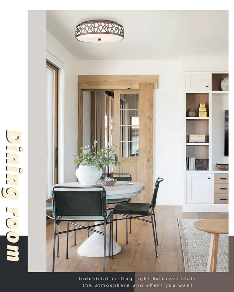 Dining room with Two Light Vintage Flush Mount Ceiling Light With Frosted Glass Shade In Oil Rubbed Bronze for warm ambience
