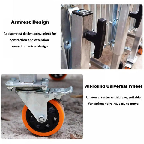 Armrest and wheel detail of Wide Adjustable Unpowered Conveyor Table With Flexible Rollers, black armrest handle and caster wheel