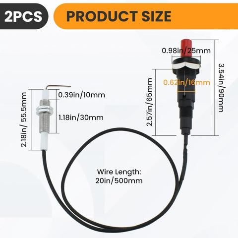 Push Button Piezo Igniter Kit For Propane Gas Fireplaces Ovens Heaters And Kitchens With Ceramic Electrodes, 2 Pack, size details