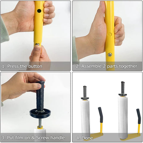 Built Tough Pallet Stretch Film Dispenser With Sure Grip Handle Fits Standard 16 To 18 Inch Rolls, assembly steps shown.