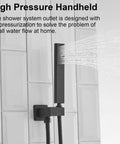 Matte Black Shower System With 12 Inch Rain Shower Head And Handheld Combo showing high pressure water flow.