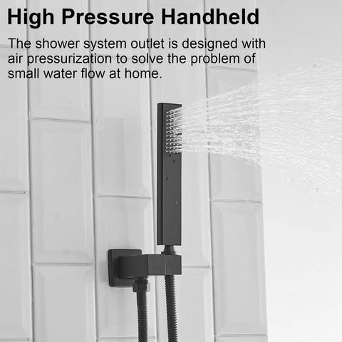 Matte Black Shower System With 12 Inch Rain Shower Head And Handheld Combo showing high pressure water flow.