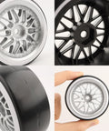 Close-up of 1/10 Scale RC Drift Tires 4 Pack On Road Wheels With 12mm Hex Hubs, showing beefy hard plastic grip design.