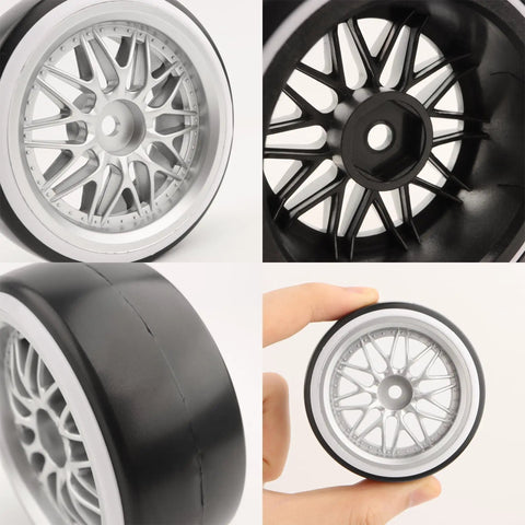 Close-up of 1/10 Scale RC Drift Tires 4 Pack On Road Wheels With 12mm Hex Hubs, showing beefy hard plastic grip design.