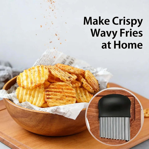 Front view of a black potato cutter with stainless steel wavy blade; crinkle-cut fries in a wooden bowl, inset shows blade.