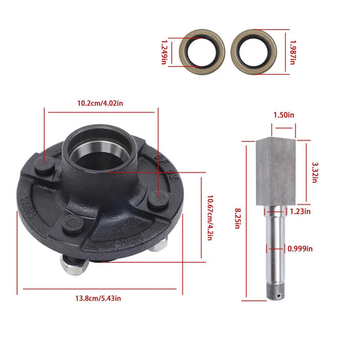 4-inch trailer hub kit with four-bolt flange and BT8 1-inch square spindle; bearing kit and two seals included