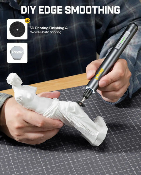Person using 42 Piece Rotary Tool Accessories Kit Compatible With F2 Master on 3D printed figure for detailing.
