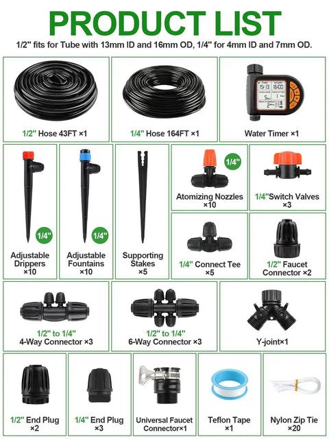 207Ft Automatic Drip Irrigation Kit With Water Timer For Greenhouse And Garden Easy Setup displayed with components and tubing