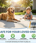 Child playing with chalk next to dog on driveway, showcasing Dead Set Self Leveling Concrete Crack Filler 4 Pack Liquid Cement Sealant For Driveways And Garage Floors Waterproof Gray Bulk Repair Kit Ready Flow Formula To Knock Cracks Out.