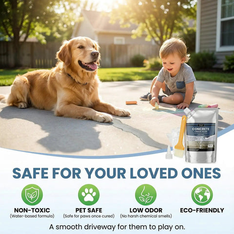 Child playing with chalk next to dog on driveway, showcasing Dead Set Self Leveling Concrete Crack Filler 4 Pack Liquid Cement Sealant For Driveways And Garage Floors Waterproof Gray Bulk Repair Kit Ready Flow Formula To Knock Cracks Out.