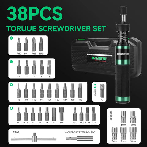 38-piece 8 To 70 Inch Pound Torque Screwdriver With Quarter Inch Drive Compact Gunsmithing Kit with S2 Steel Bits and Case