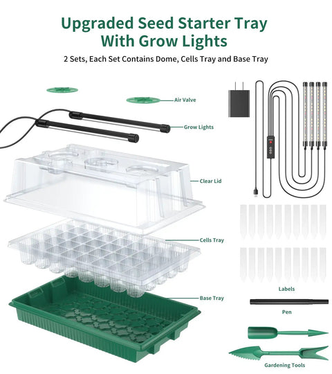 80 Cell Seedling Starter Tray With Grow Light And Humidity Dome Reusable Indoor Seed Germination Kit Two Pack Green Base components