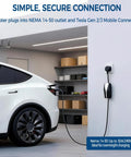 Premium Nema 14-50 Adapter For Tesla Gen 2 And Gen 3 Mobile Connector with 10 inch cable plugged into EV and wall outlet.